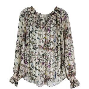 H&M cream green floral bird garden boho ruffle semi sheer top 8